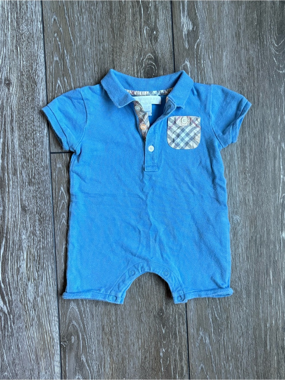 Burberry Children Nova Check Trim Polo Romper | Baby Blue | Size 3M